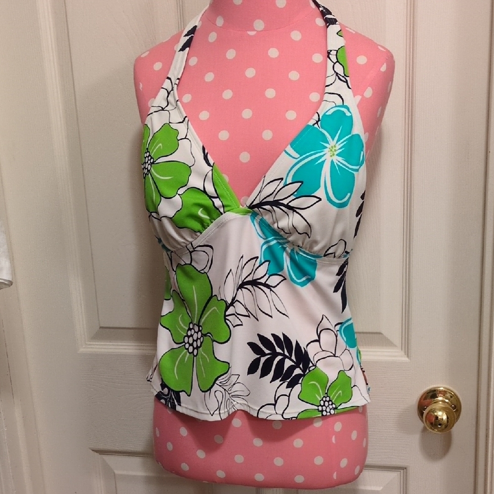 Jantzen White and Green Floral Swim Top